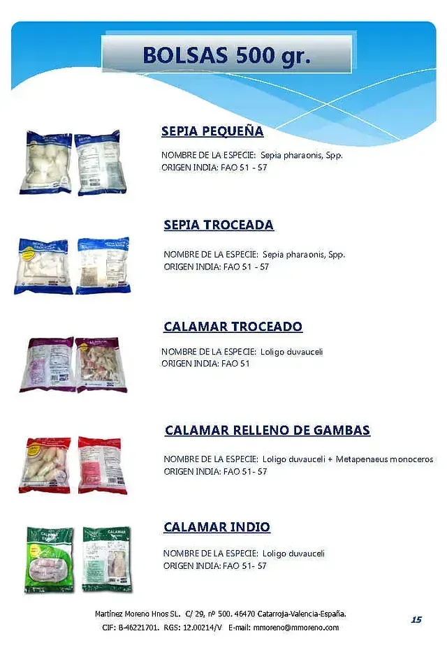 Un folleto para bolsas de 500 gr muestra una variedad de productos.