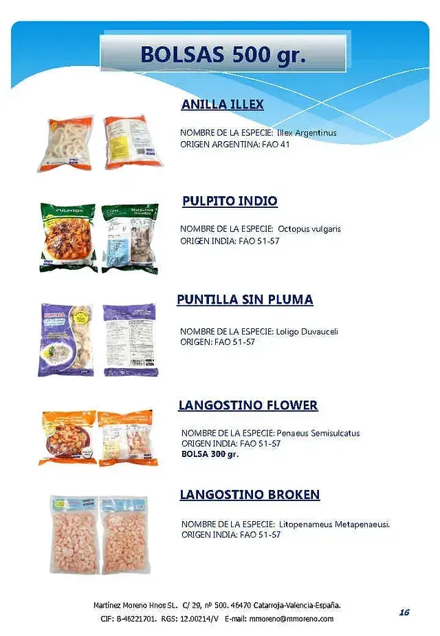 Un folleto de bolsas de 500 gr muestra una variedad de bolsas de alimentos.