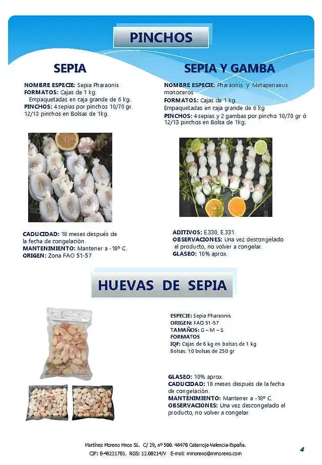A brochure for sepia y gamba and huevas de sepia