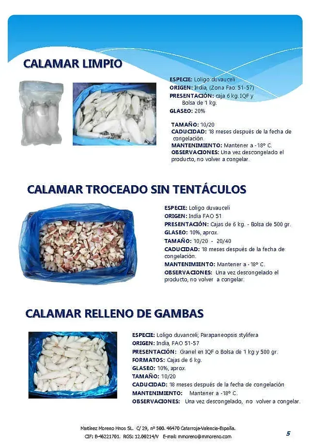 A flyer for calamar limpio and calamar troceado sin tentáculos