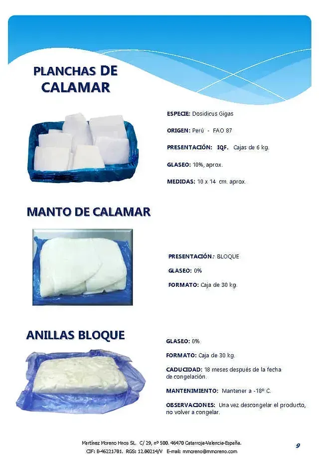 A brochure for planchas de calamar and manto de calamar