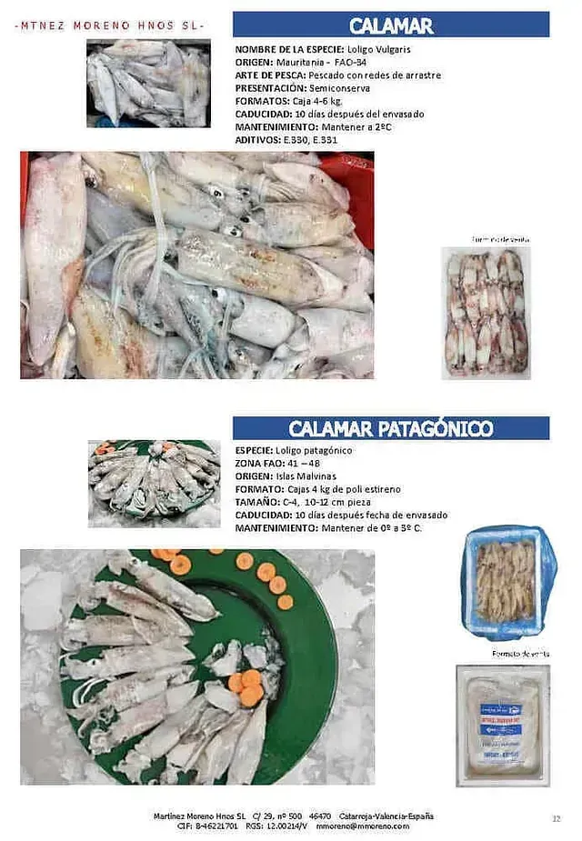 Una imagen de un plato de calamares y una imagen de una bolsa de calamares.