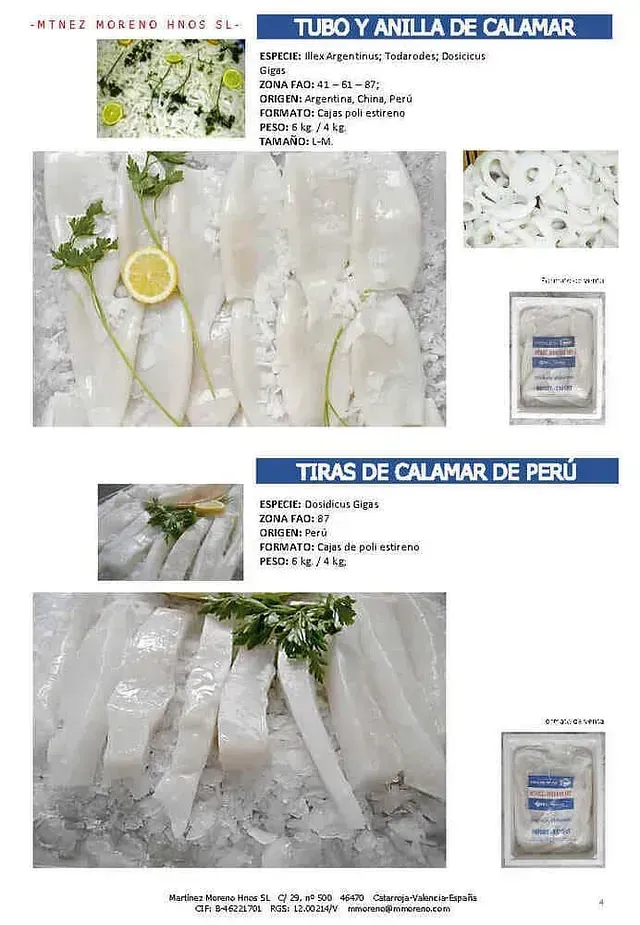 Una página de un catálogo con una imagen de un calamar y una imagen de un limón.