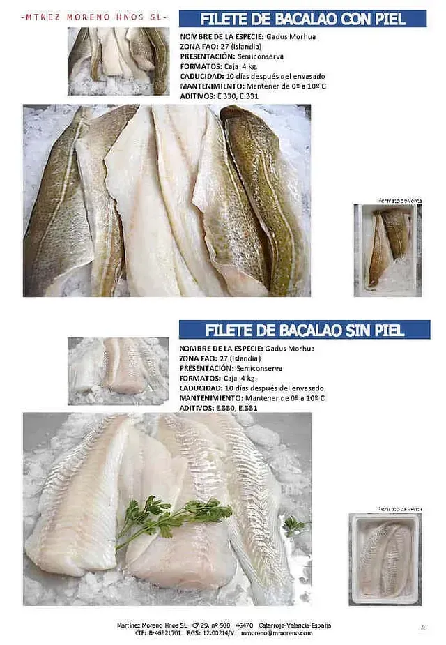 A flyer for filete de bacalao con piel and filete de bacalao sin piel.