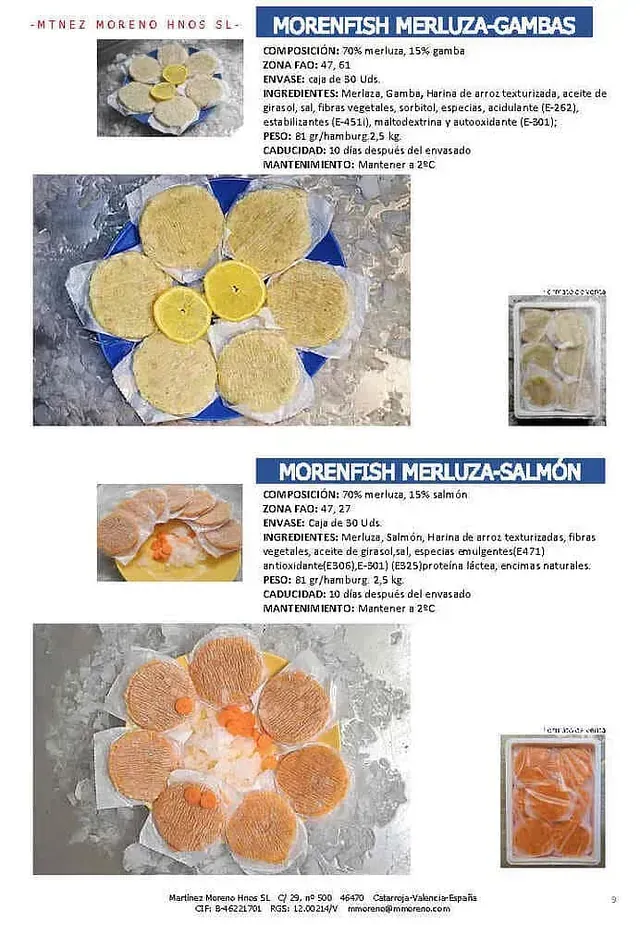 Un folleto para morenfish merluza-gambas y morenfish merluza-salmon.
