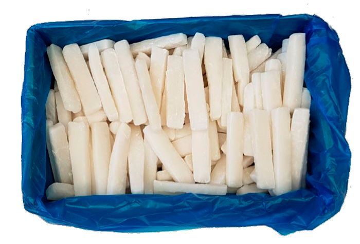 Una bolsa azul llena de palos blancos sobre un fondo blanco.
