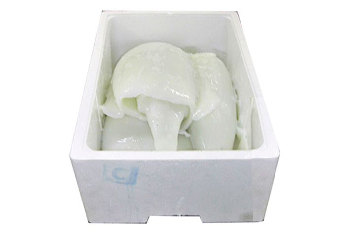 Una caja blanca llena de helado sobre un fondo blanco.