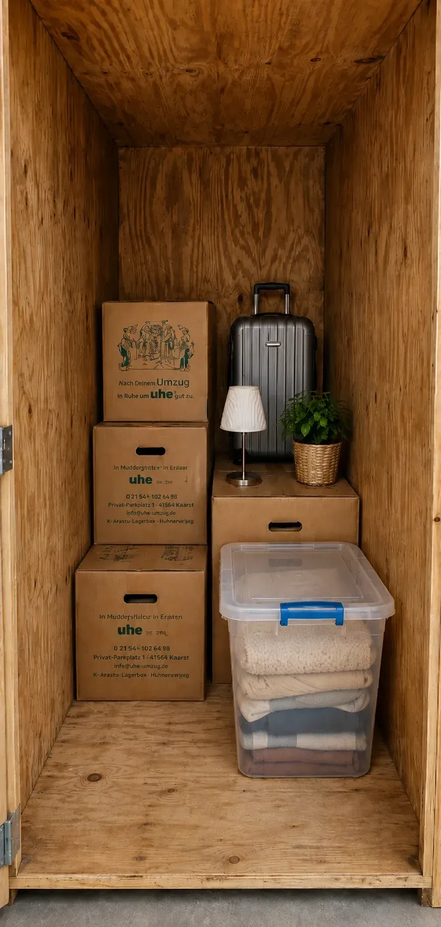 Eine mit Umzugskartons und Lagergut gefüllte Lagerbox aus Holz.