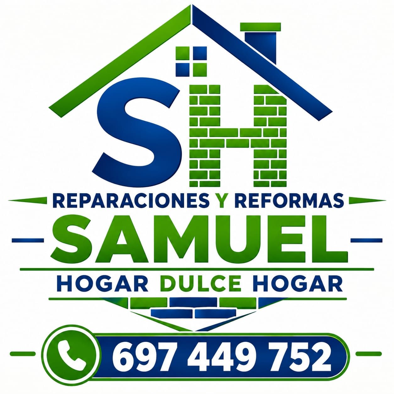 Logo de “Samuel” con una casa azul y verde, texto “Reparaciones y Reformas” y “Hogar Dulce Hogar”.