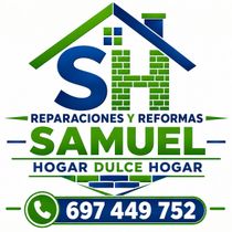 Logo de “Samuel” con una casa azul y verde, texto “Reparaciones y Reformas” y “Hogar Dulce Hogar”.