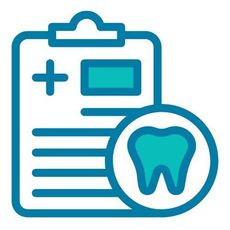 Icono de portapapeles para revisión dental con signo más médico y símbolo de diente en color verde azulado y azul.