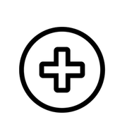 Icono de signo más médico negro dentro de un círculo sobre fondo blanco