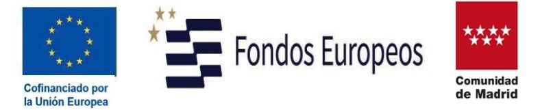 Logos de la Unión Europea, Fondos Europeos y Comunidad de Madrid sobre fondo blanco