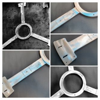Collage de una herramienta metálica en forma de anillo con mango largo, que muestra primeros planos de su superficie desgastada de color azul grisáceo.