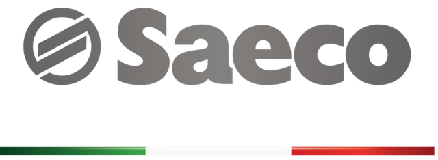 Logotipo de Saeco en gris, con líneas verdes y rojas debajo sobre un fondo blanco