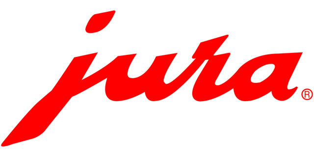 Logotipo rojo de Jura con letras cursivas sobre un fondo blanco