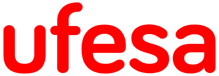 Logotipo «ufesa» en minúsculas y de color rojo sobre fondo blanco
