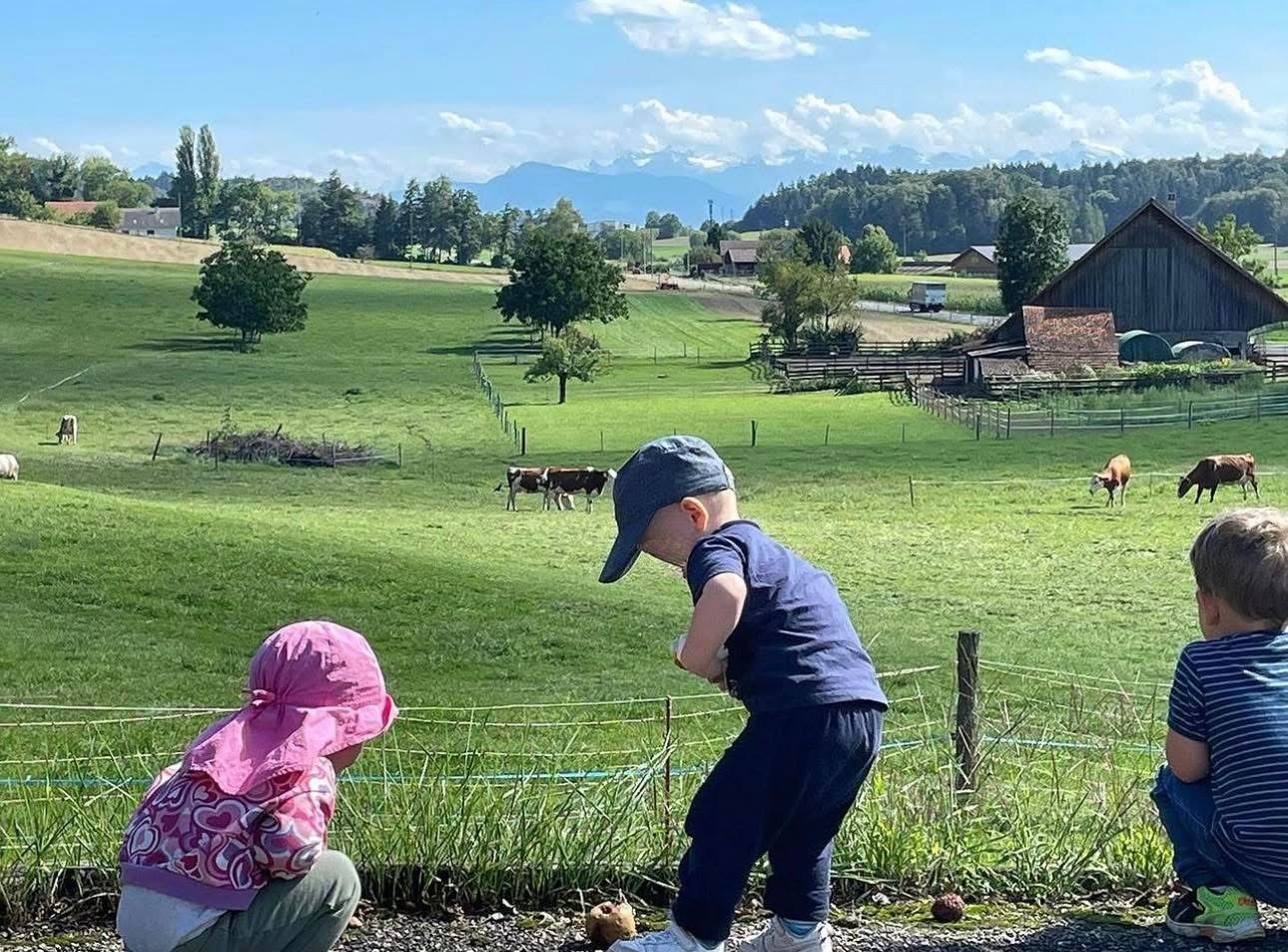 Drei Kinder spielen auf einem Feld, im Hintergrund sind Kühe zu sehen.