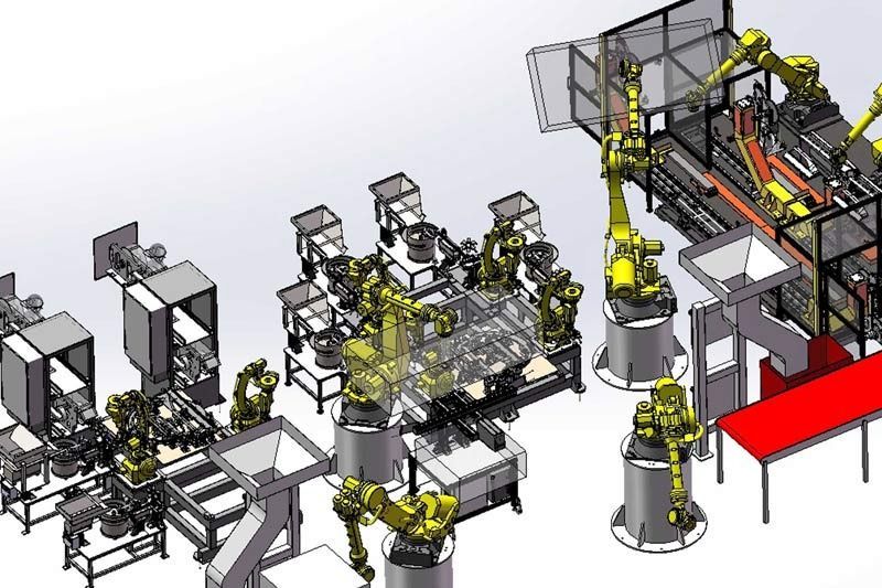 Una imagen generada por computadora de una línea de montaje robótica.