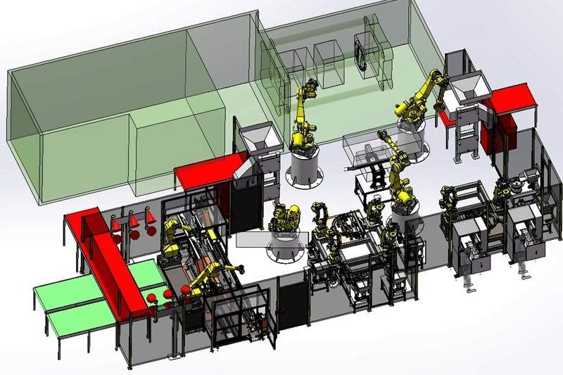 Una vista aérea de una fábrica con muchos robots.