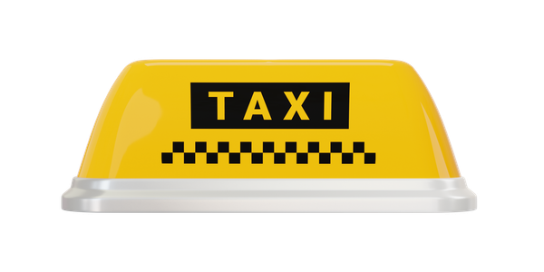 Panneau de taxi jaune avec lettrage noir et bande en damier