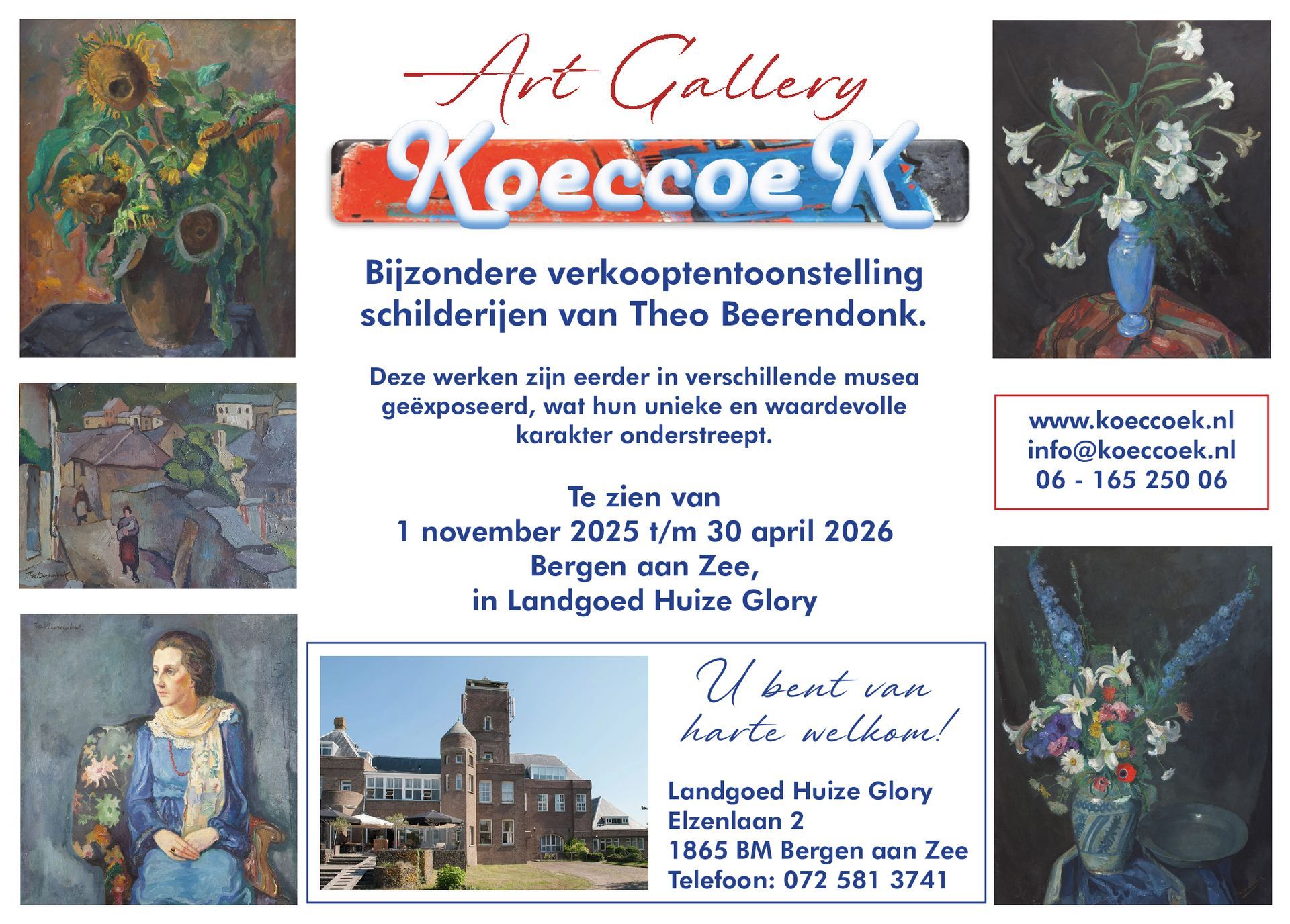 Art exhibition flyer for painter Theo Beerandonk at Landgoed Huize Glory, Bergen aan Zee, from Nov 2025 to April 2026.