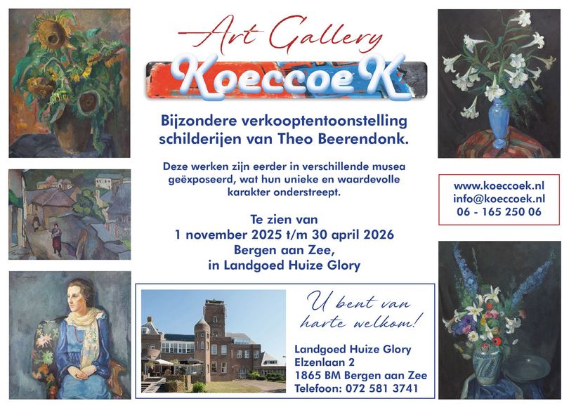 Art exhibition flyer for Theo Beerandonk at Landgoed Huize Glory in Bergen aan Zee, running Nov 2025–April 2026.
