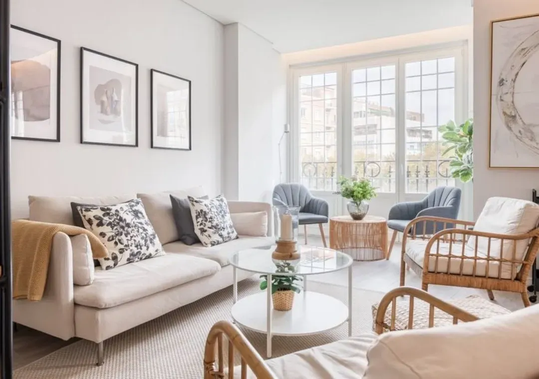 Un salón luminoso y moderno con un sofá 