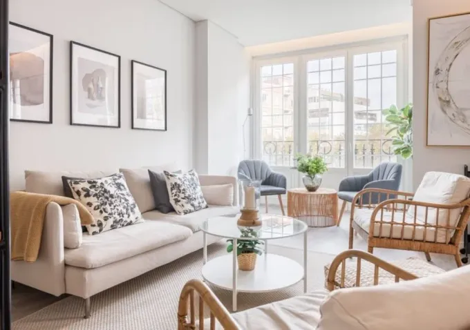 Un salón luminoso y moderno con un sofá beige, sillas de ratán