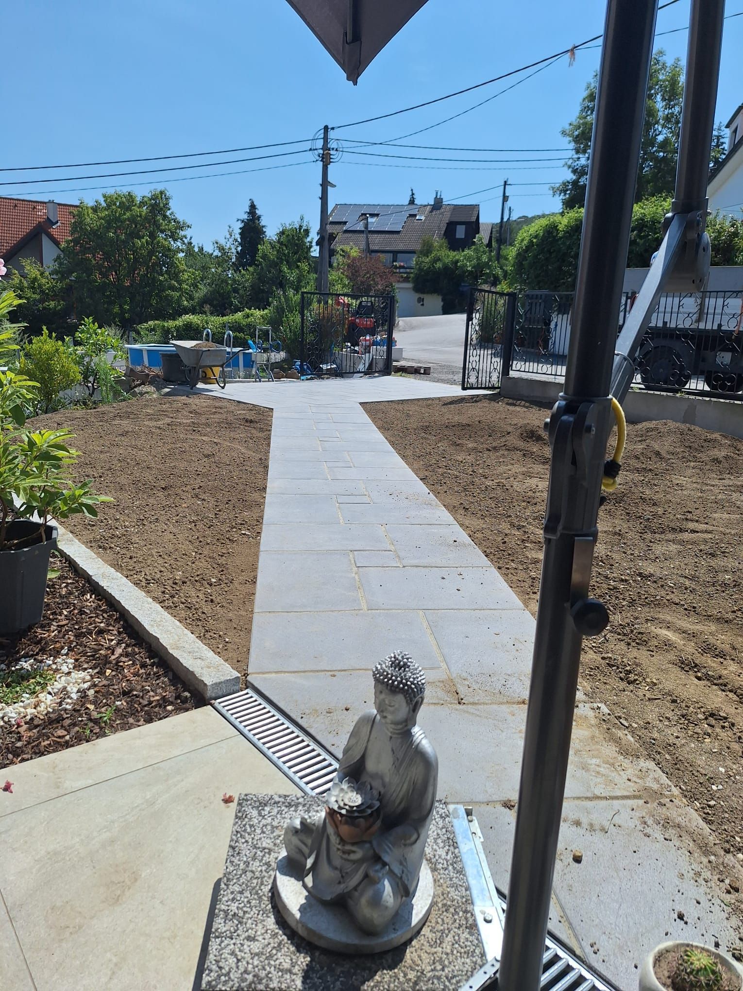 Ein Steinpfad führt zu einem Tor, gesäumt von Erdbeeten, im Vordergrund steht eine Buddha-Statue. Blauer Himmel darüber.