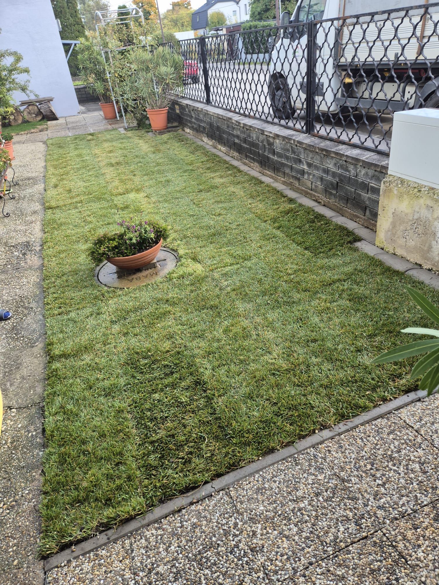 Grüner Rasen im Garten, mit Topfpflanzen und einer dekorativen Einfassung.