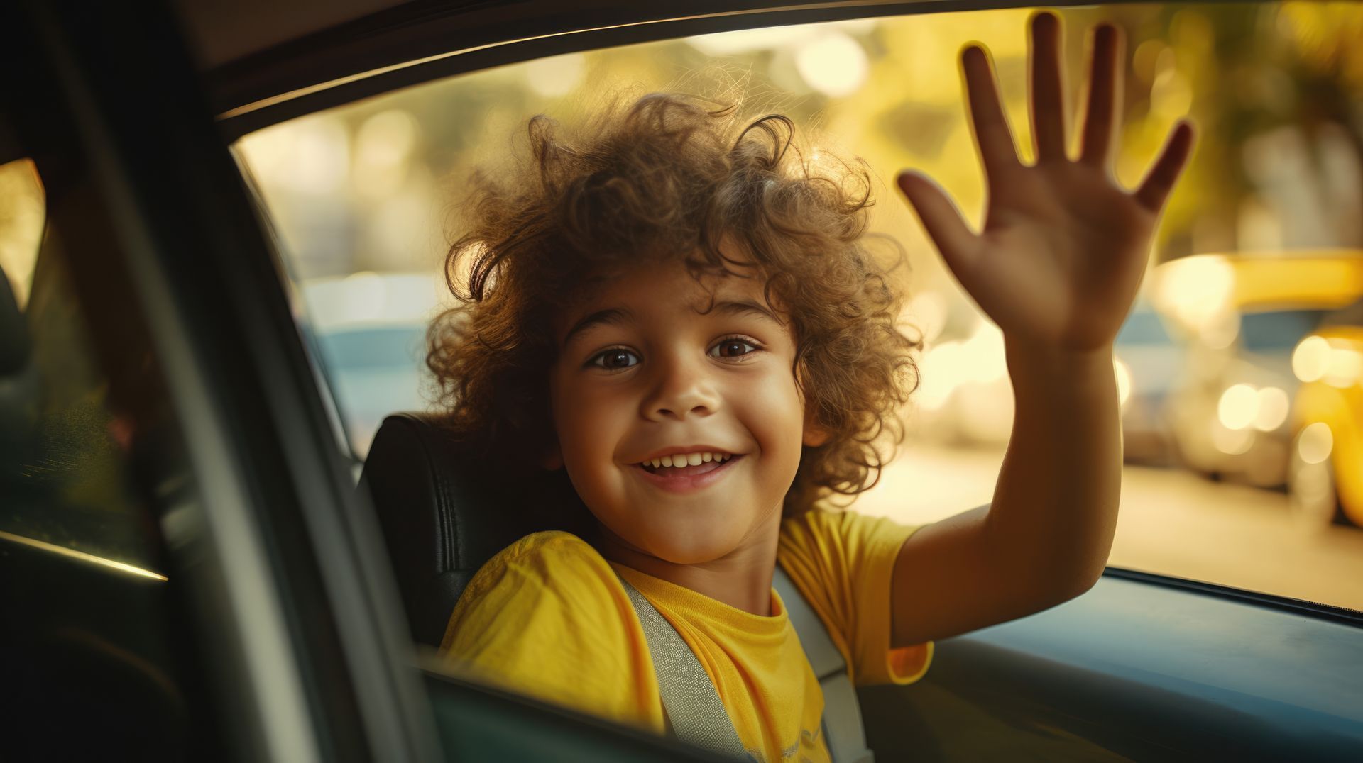 Enfant avec un tee-shirt jaune dans un taxi