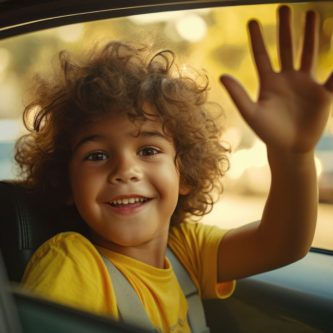 Enfant dans une voiture qui fait coucou