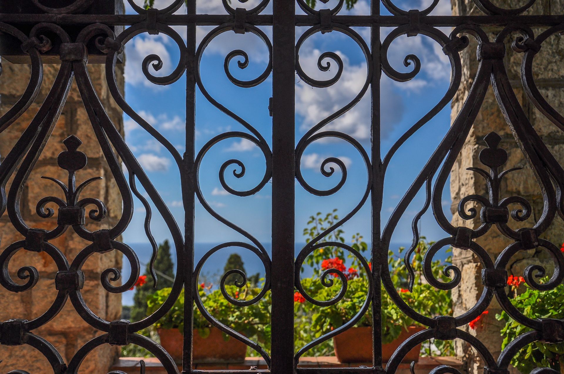 Una puerta de hierro forjado con flores al fondo.