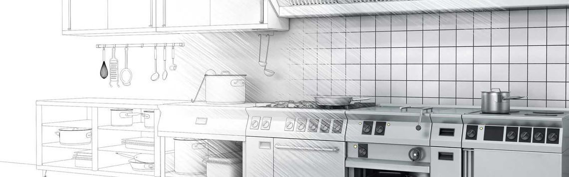 Un dibujo en blanco y negro de una cocina con electrodomésticos de acero inoxidable.