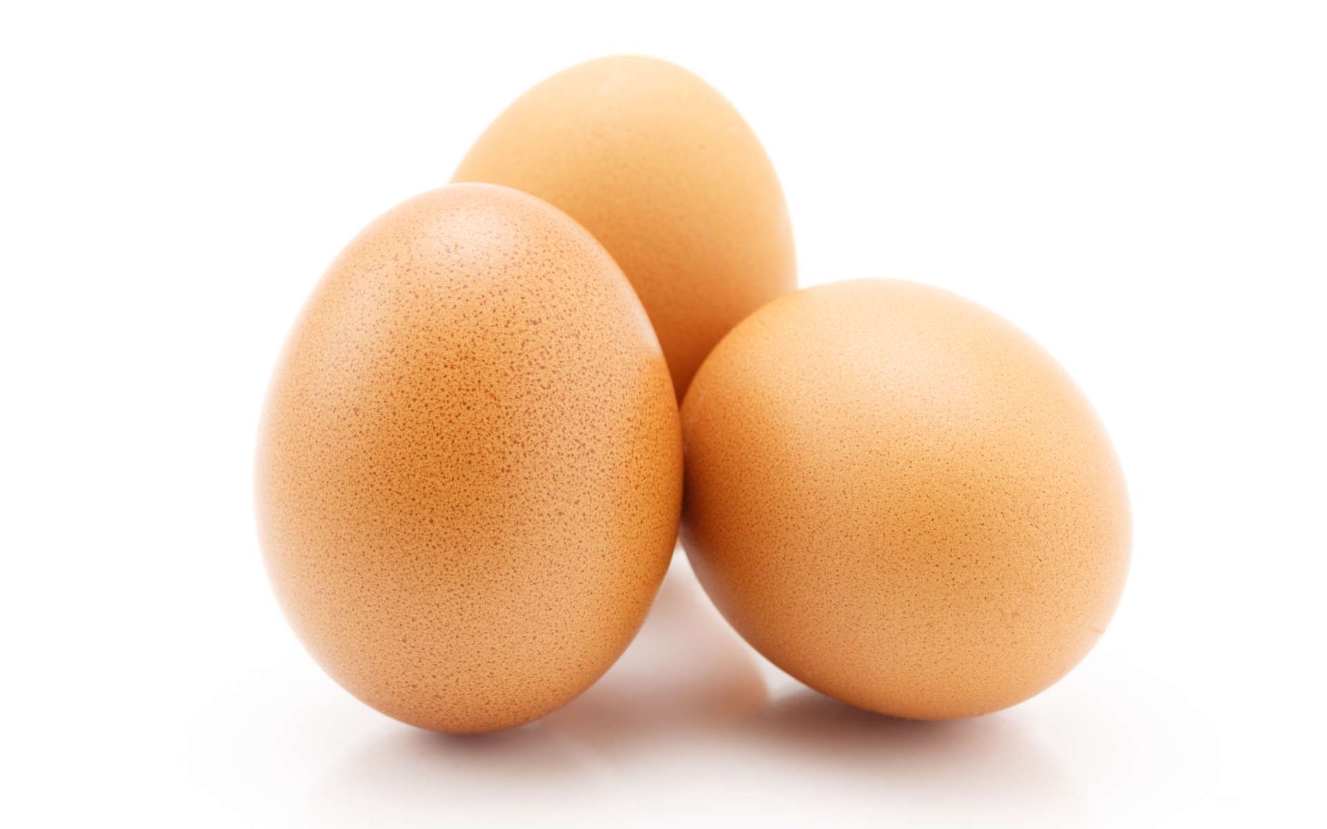 Tres huevos marrones sobre un fondo blanco.