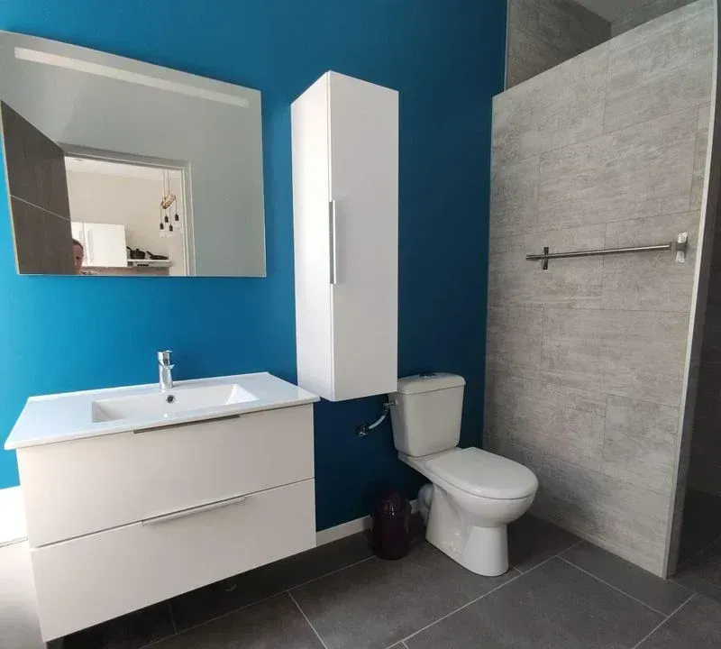 Un salle de bain avec un mur bleu et des toilettes
