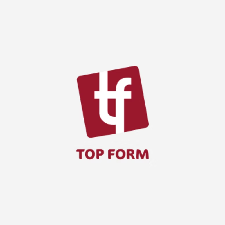 Logotipo “tf” rojo y blanco con las palabras “TOP FORM” debajo sobre un fondo claro.