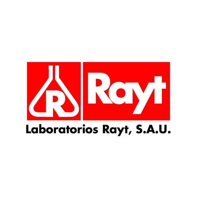 Logotipo de Laboratorios Rayt, SAU en rojo y blanco con icono de matraz de laboratorio y texto