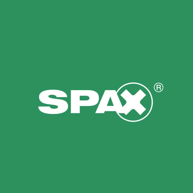 Logotipo blanco de SPAX sobre fondo verde