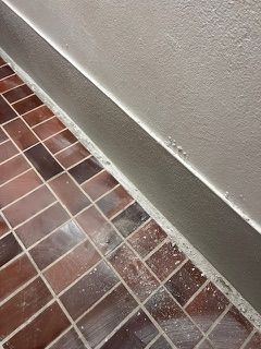 Eine Nahaufnahme eines gefliesten Bodens neben einer Wand.