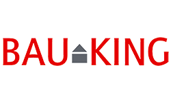 Das Logo von Bau King ist rot und grau auf weißem Hintergrund.