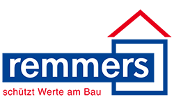 Ein blau-weißes Logo für Remmers mit rotem Dach
