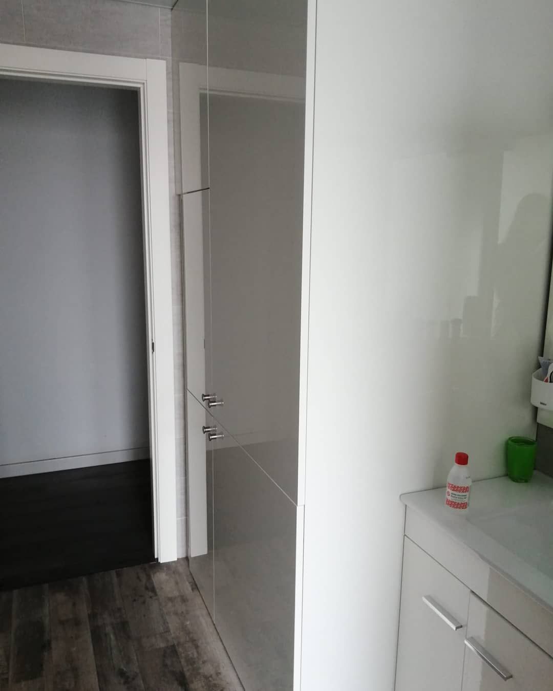 Interior de baño con mampara de ducha de cristal y lavabo blanco. Puerta a la izquierda, suelo imitación madera.