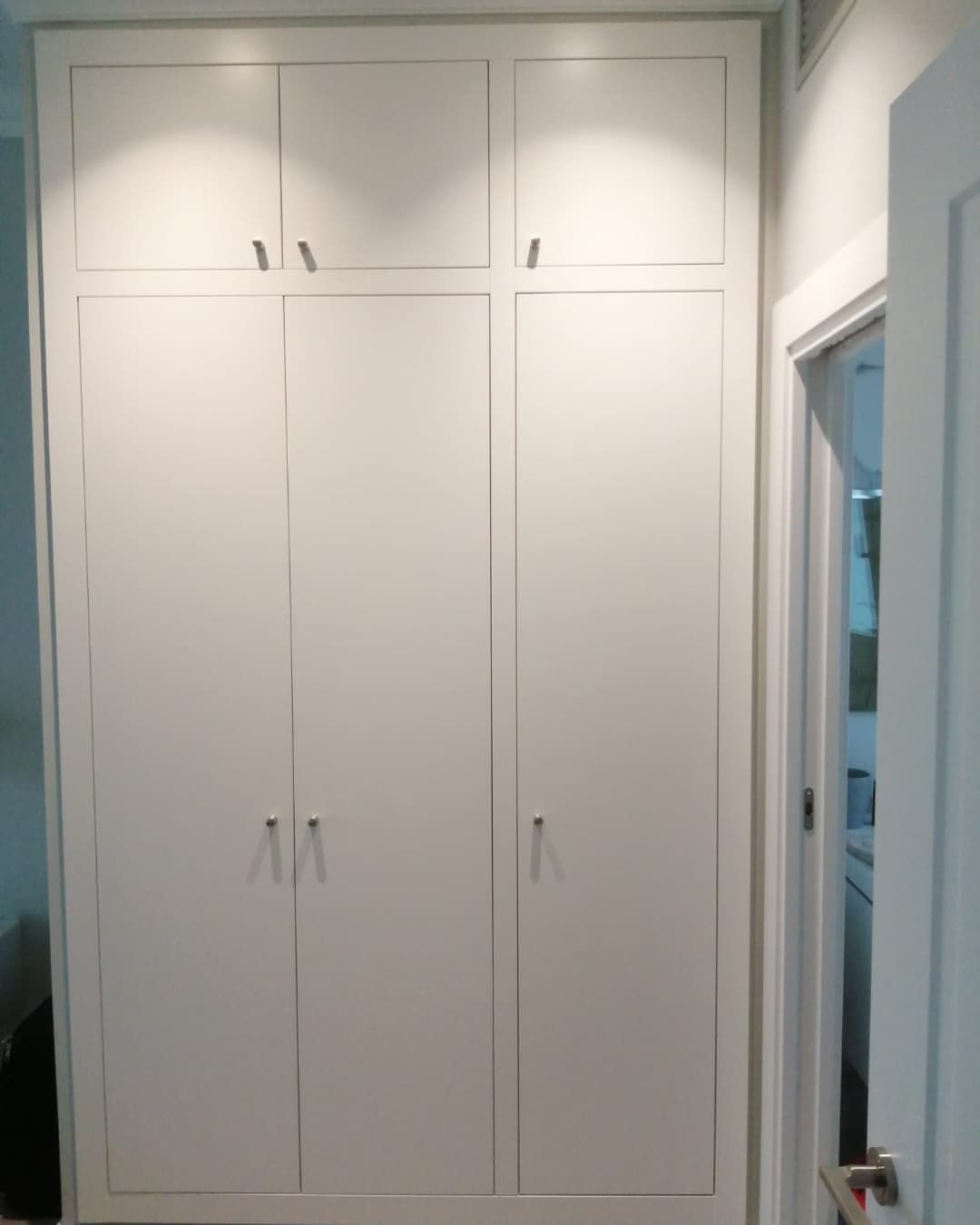 Armarios empotrados blancos con tiradores. Iluminación cenital. Junto a una puerta blanca.