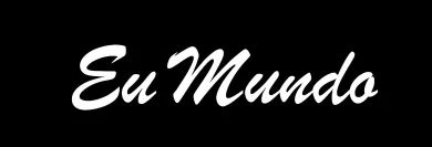 Texto cursivo blanco "Eu Mundo" sobre fondo negro.