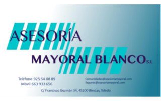 Una tarjeta de presentación azul y blanca para Asesoría Mayoral Blanco.