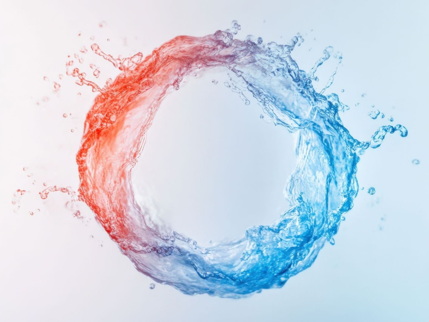 Anneau d'eau, moitié rouge, moitié bleue, éclaboussures créant une forme circulaire.