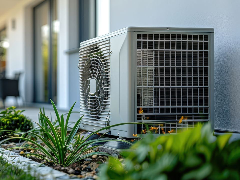 Unité de climatisation extérieure à côté d'une maison, entourée de plantes.