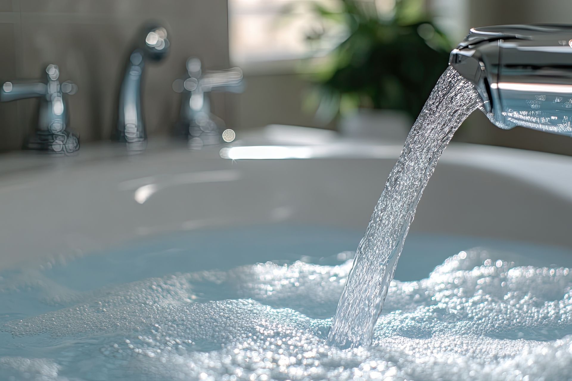 De l'eau s'écoule d'un robinet chromé dans une baignoire remplie d'eau mousseuse.